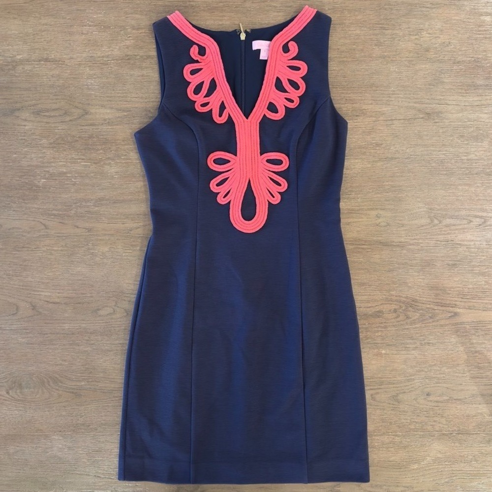 Lilly Pulitzer Janice Sleeveless Sheath Dress-Navy Blue Coral Soutash Trim-Sze S